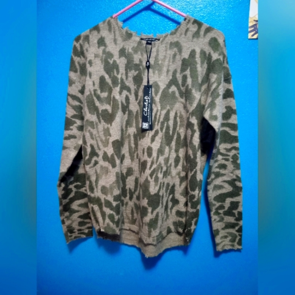 Charlie B Spruce Green Frayed Edge Sweater Small/Petite